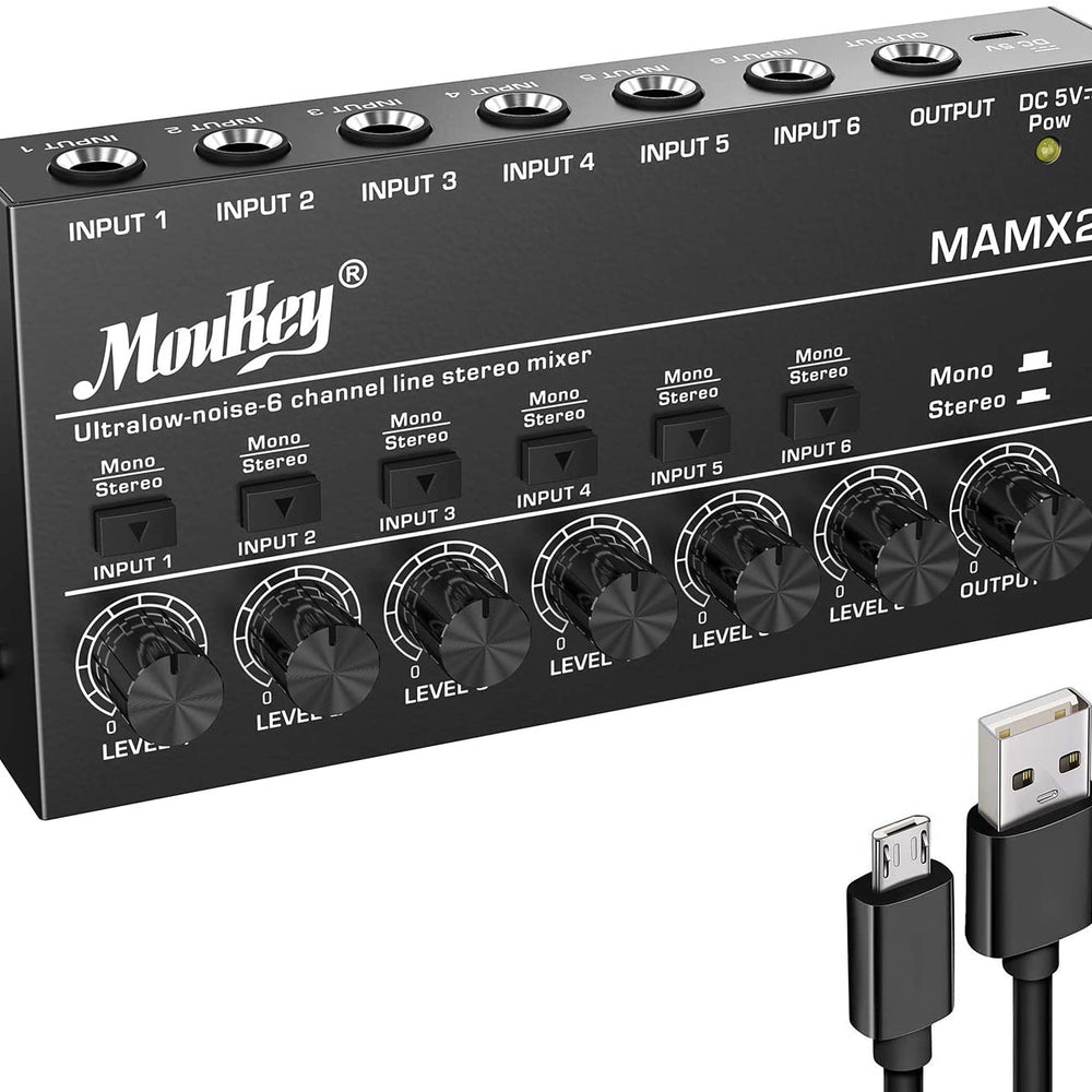 Moukey Ultra Low-Noise 6-Channel Line Mixer for Sub-Mixing, DC 5V 6-Stereo Mini Audio Mixer, Ideal for Small Clubs or Bars. As Microphones, Guitars, Bass, Keyboards or Stage Mixer-MAMX2