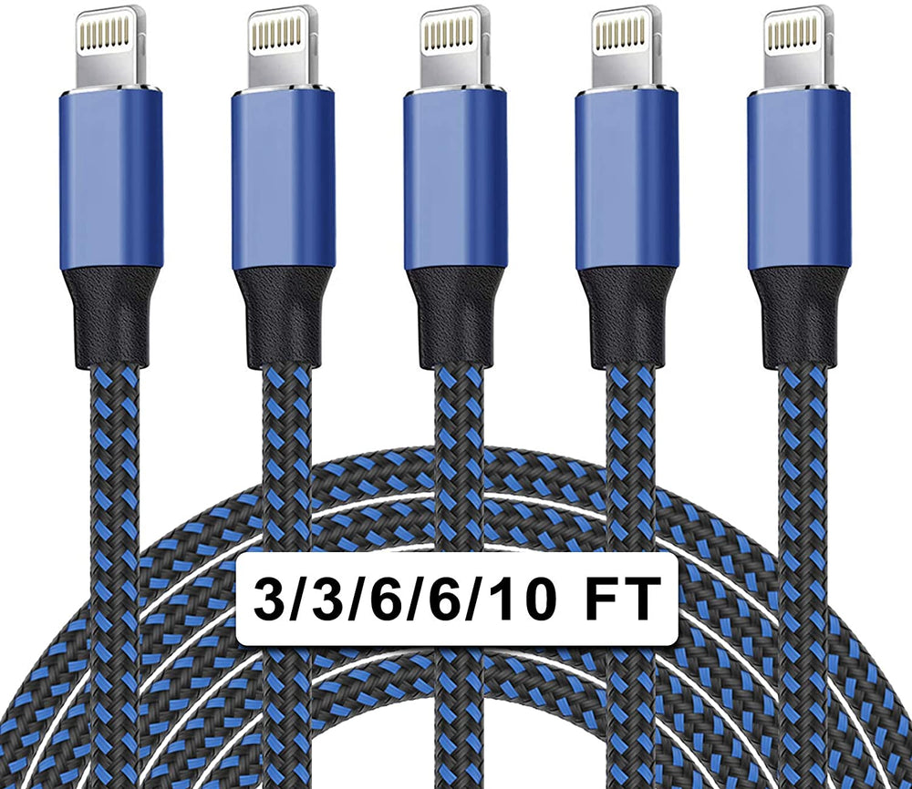 UNEN MFi Certified 5Pack[3/3/6/6/10ft] Nylon Braided iPhone Charger Lightning Cable Fast Charging&Syncing Long Cord Compatible iPhone 11Pro Max/11Pro/11/XS/Max/XR/X/8/8P/7 and More-Black&Blue