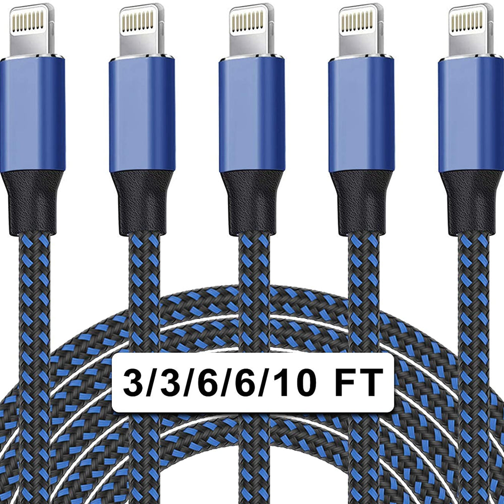 UNEN MFi Certified 5Pack[3/3/6/6/10ft] Nylon Braided iPhone Charger Lightning Cable Fast Charging&Syncing Long Cord Compatible iPhone 11Pro Max/11Pro/11/XS/Max/XR/X/8/8P/7 and More-Black&Blue