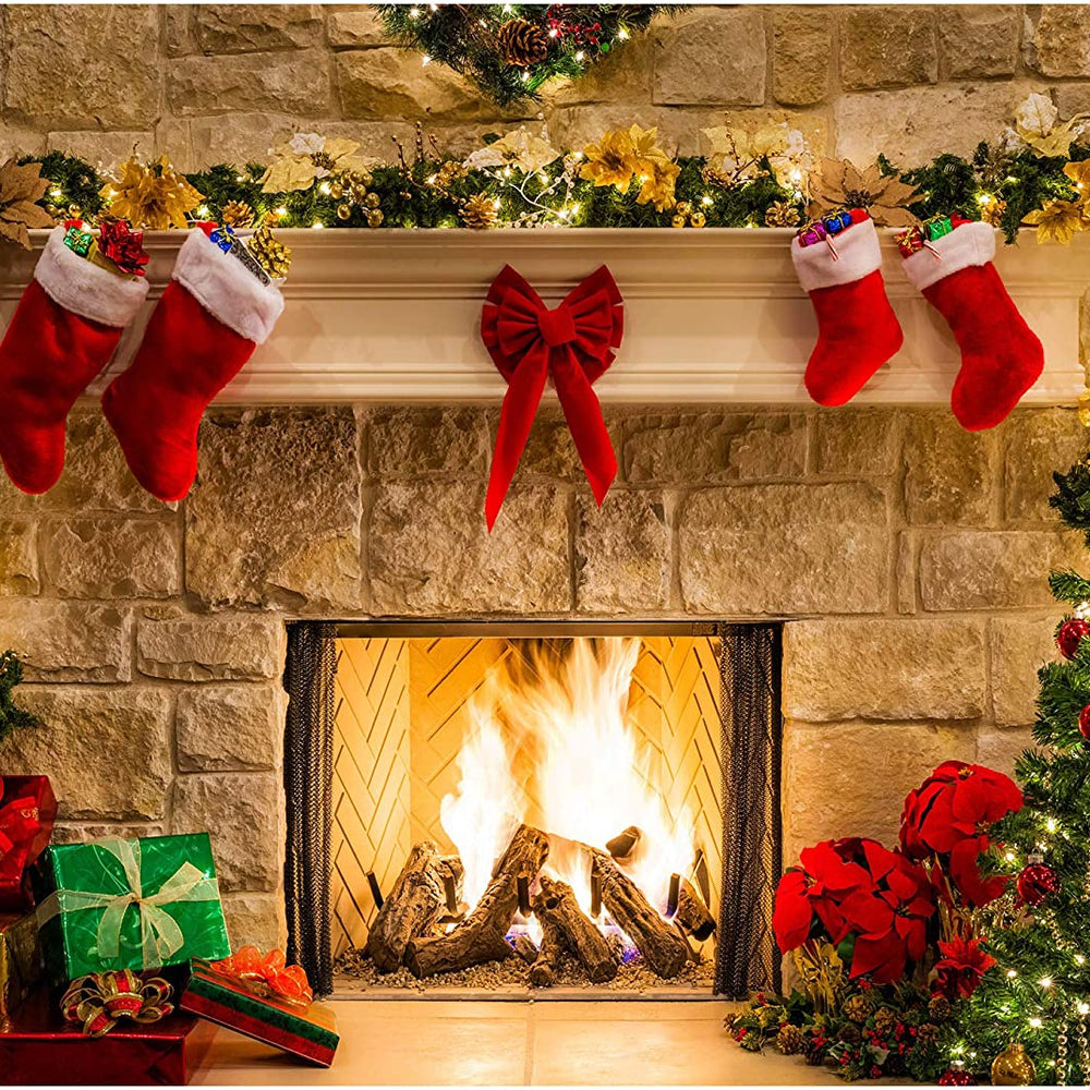 Haboke 7x5ft Soft Durable Fabric Christmas Fireplace Theme Backdrop for Photography Tree Sock Gift Decorations for Xmas Party Supplies Photo Background Pictures Banner Studio Decor Booth Props