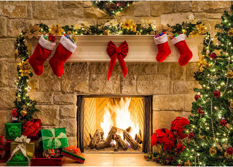 Haboke 7x5ft Soft Durable Fabric Christmas Fireplace Theme Backdrop for Photography Tree Sock Gift Decorations for Xmas Party Supplies Photo Background Pictures Banner Studio Decor Booth Props