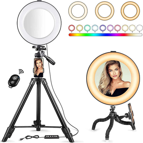 Selfie Ring Light - 14 Colors RGB Ring Light with 2 Adjustable Tripod Stand/Phone Holder/Camera Remote Shutter Best 10 Brightness Levels Dimmable LED Ring Light for Makeup, YouTube, Photography