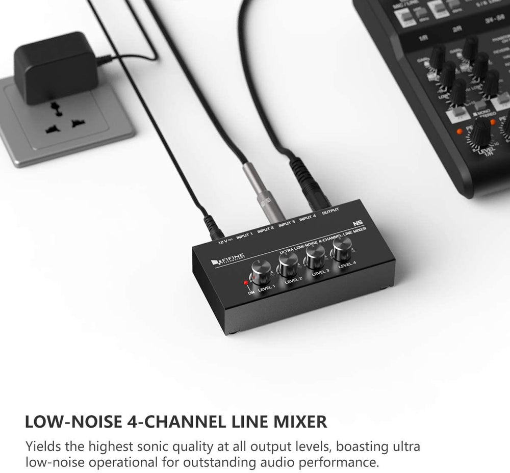 FIFINE Ultra Low-Noise 4-Channel Line Mixer for Sub-Mixing,4 Stereo Channel Mini Audio Mixer with AC adapter.Ideal for Small Club or Bar. As Microphones, Guitars, Bass, Keyboards or Stage Sub Mixer-N5