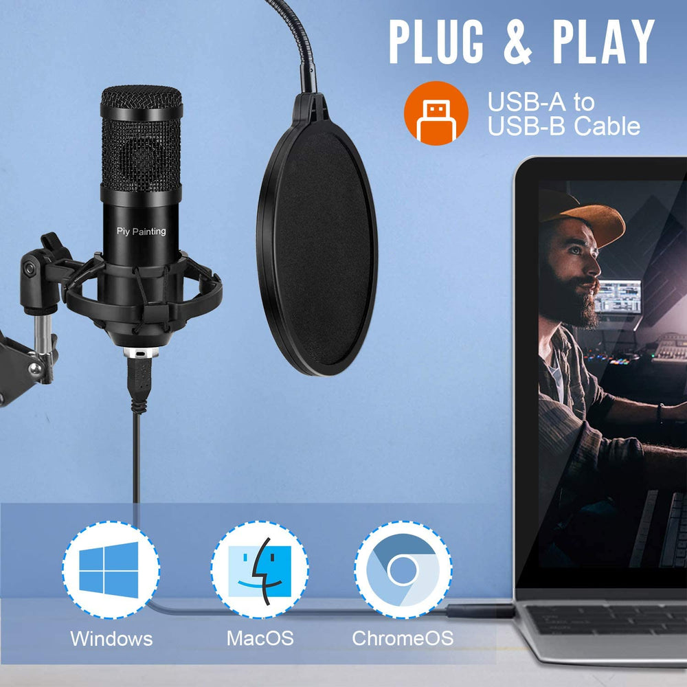 USB Microphone Kit, Piy Painting Cardioid Condenser Microphone Kit with 192KHZ/24Bit Studio Mic Sound Chipset Scissor Arm, Plug & Play Recording Microphone for PC Gaming Streaming Podcasting YouTube