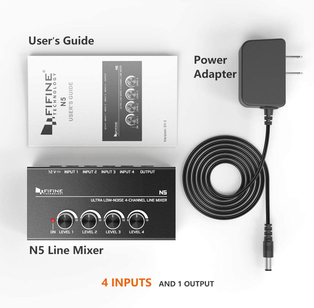 FIFINE Ultra Low-Noise 4-Channel Line Mixer for Sub-Mixing,4 Stereo Channel Mini Audio Mixer with AC adapter.Ideal for Small Club or Bar. As Microphones, Guitars, Bass, Keyboards or Stage Sub Mixer-N5