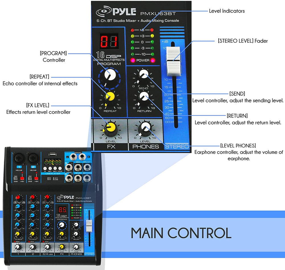 Pyle Professional Audio Mixer Sound Board Console System Interface 4 Channel Digital USB Bluetooth MP3 Computer Input 48V Phantom Power Stereo DJ Studio Streaming FX 16-Bit DSP processor-PMXU43BT