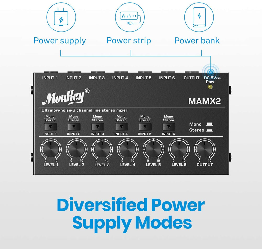 Moukey Ultra Low-Noise 6-Channel Line Mixer for Sub-Mixing, DC 5V 6-Stereo Mini Audio Mixer, Ideal for Small Clubs or Bars. As Microphones, Guitars, Bass, Keyboards or Stage Mixer-MAMX2