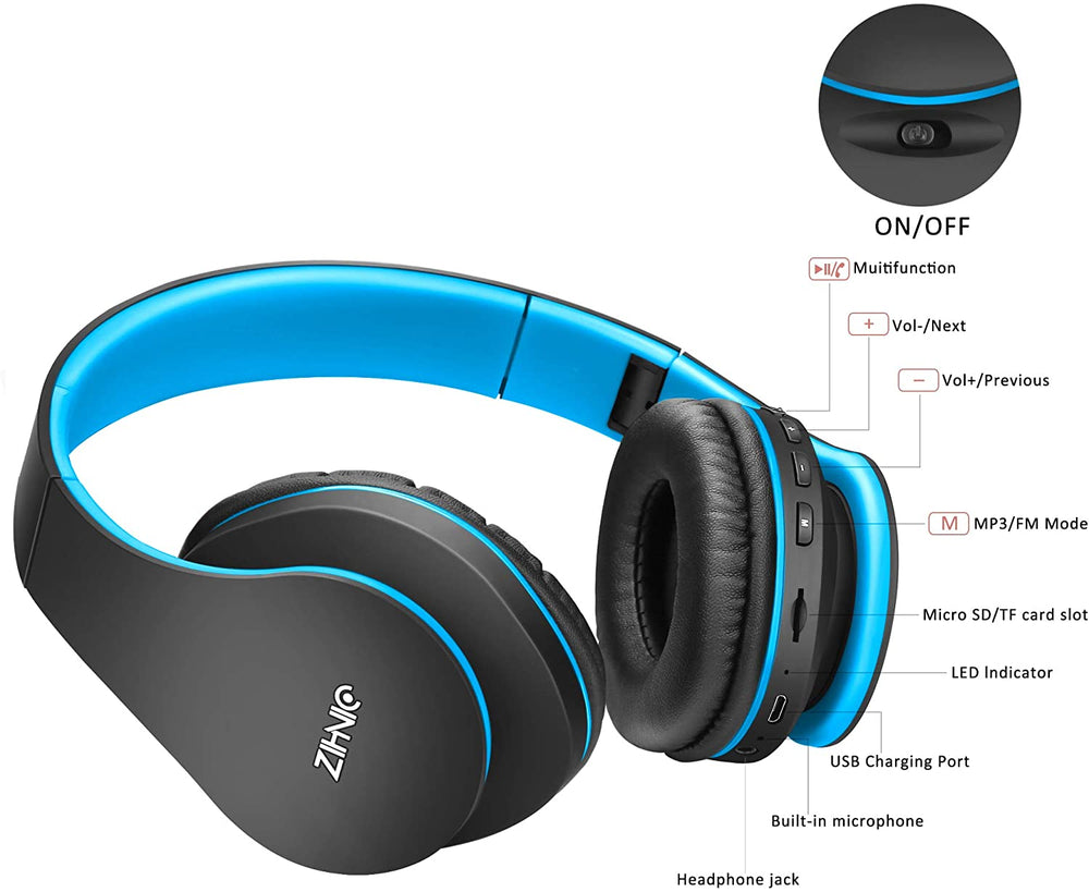 ZIHNIC Bluetooth Headphones Over-Ear, Foldable Wireless and Wired Stereo Headset Micro SD/TF, FM for Cell Phone,PC,Soft Earmuffs &Light Weight for Prolonged Wearing (Blue))