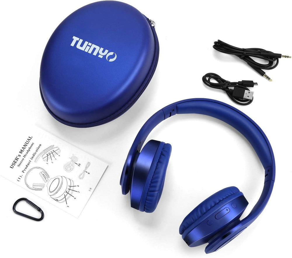 TUINYO Bluetooth Headphones Wireless, Over Ear Stereo Wireless Headset 40H Playtime with deep bass, Soft Memory-Protein Earmuffs, Built-in Mic Wired Mode PC/Cell Phones/TV-Dark Blue