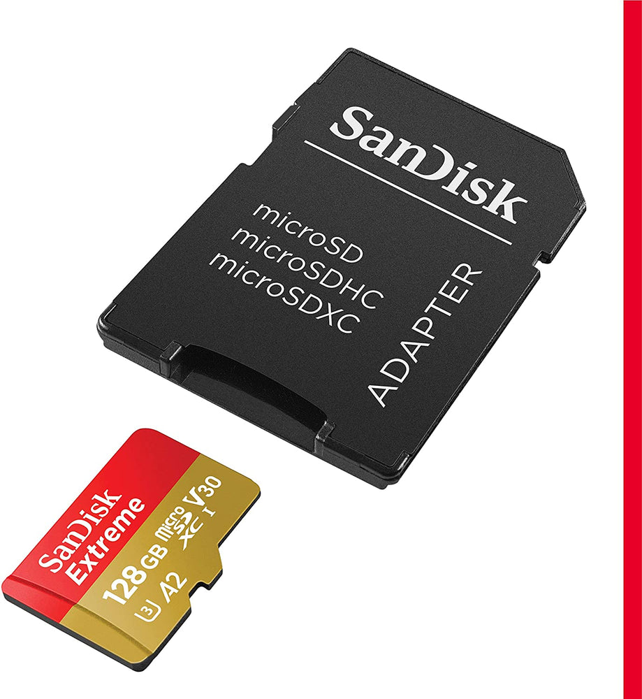 SanDisk 128GB Extreme microSDXC UHS-I Memory Card with Adapter - C10, U3, V30, 4K, A2, Micro SD - SDSQXA1-128G-GN6MA