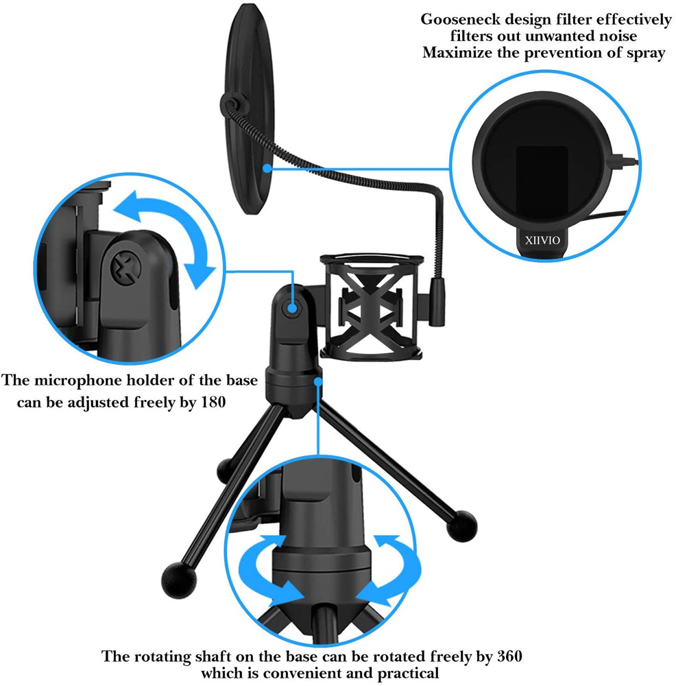 USB Gaming Condenser Microphone,XIIVIO Plug&Play Computer PC Microphone Mic with Tripod Stand and Pop Filter for Mac/Windows,Recording Voice Over, Streaming Twitch/Podcasting/YouTube