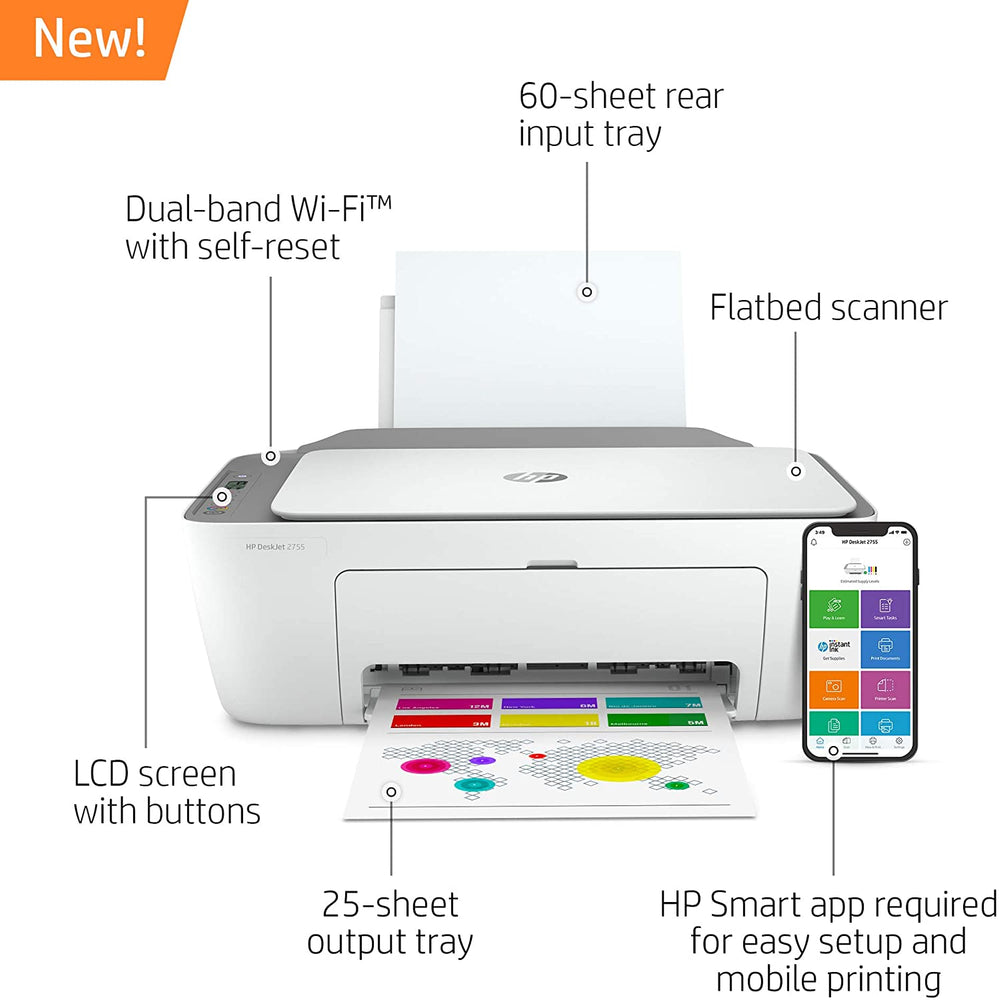 HP DeskJet 2755 Wireless All-in-One Printer, Mobile Print, Scan & Copy, HP Instant Ink Ready, Works with Alexa (3XV17A)