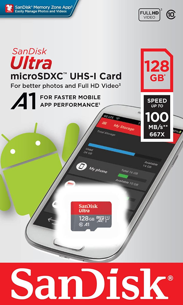 SanDisk 128GB Ultra microSDXC UHS-I Memory Card with Adapter - 100MB/s, C10, U1, Full HD, A1, Micro SD Card - SDSQUAR-128G-GN6MA