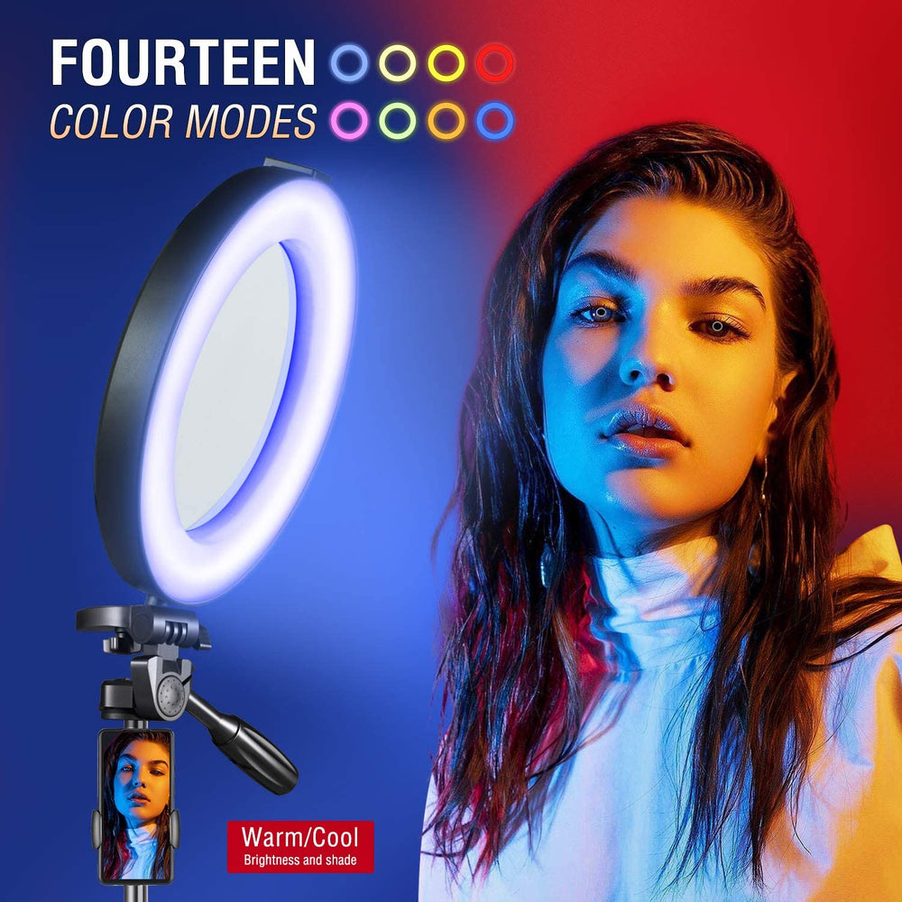 Selfie Ring Light - 14 Colors RGB Ring Light with 2 Adjustable Tripod Stand/Phone Holder/Camera Remote Shutter Best 10 Brightness Levels Dimmable LED Ring Light for Makeup, YouTube, Photography