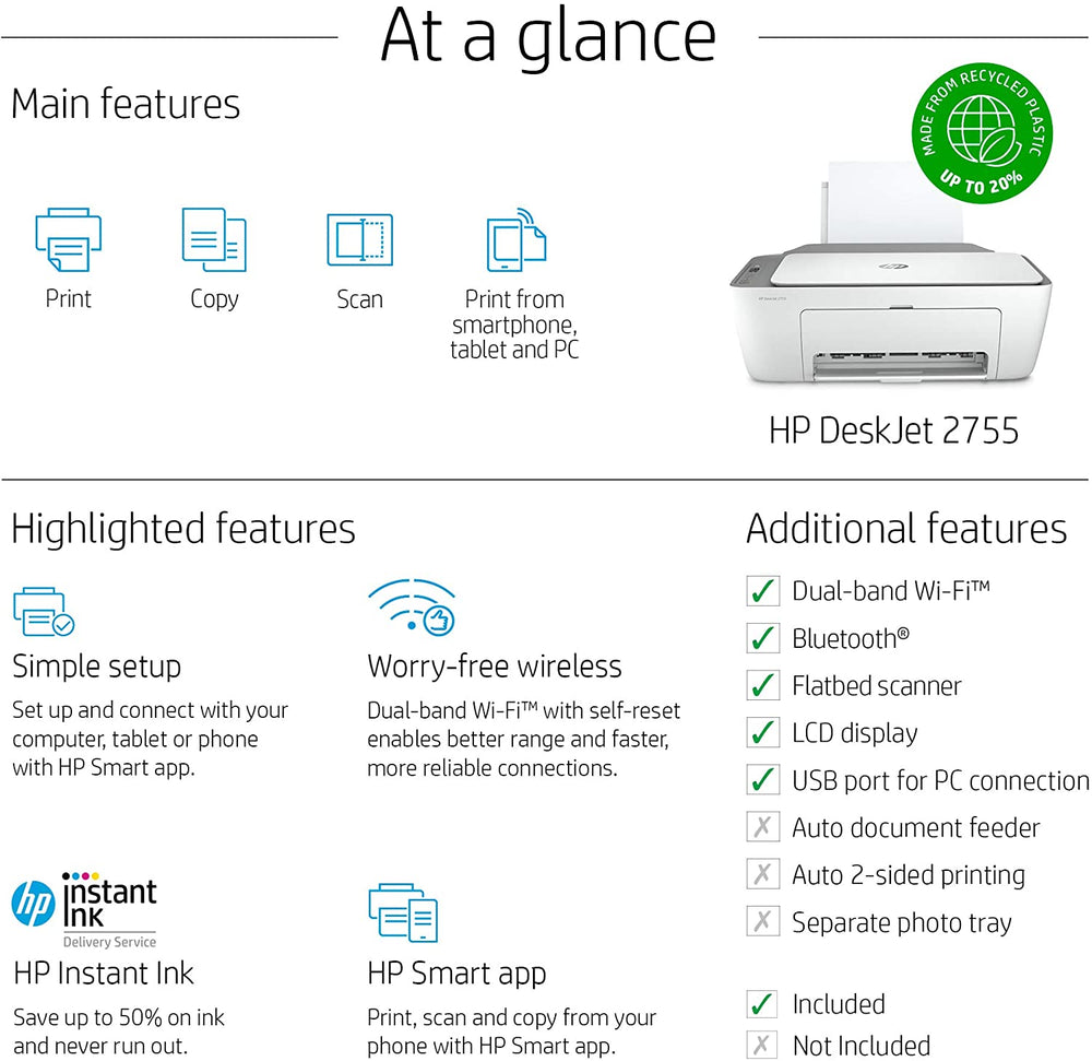 HP DeskJet 2755 Wireless All-in-One Printer, Mobile Print, Scan & Copy, HP Instant Ink Ready, Works with Alexa (3XV17A)