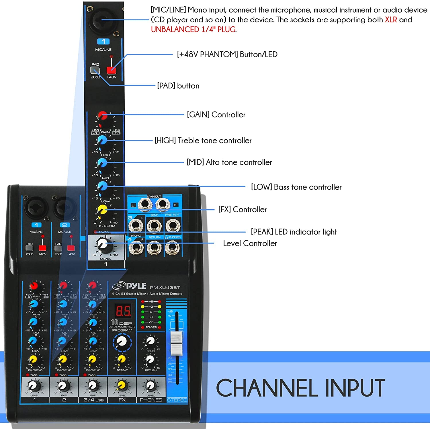 Professional Audio Mixer, Sound Board Console System, Interface 4 Channel  Digital USB Bluetooth MP3 Computer Input 48V Phantom Power Stereo DJ Studio  Streaming FX 16-Bit DSP Processor 