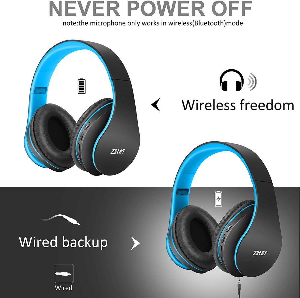 ZIHNIC Bluetooth Headphones Over-Ear, Foldable Wireless and Wired Stereo Headset Micro SD/TF, FM for Cell Phone,PC,Soft Earmuffs &Light Weight for Prolonged Wearing (Blue))